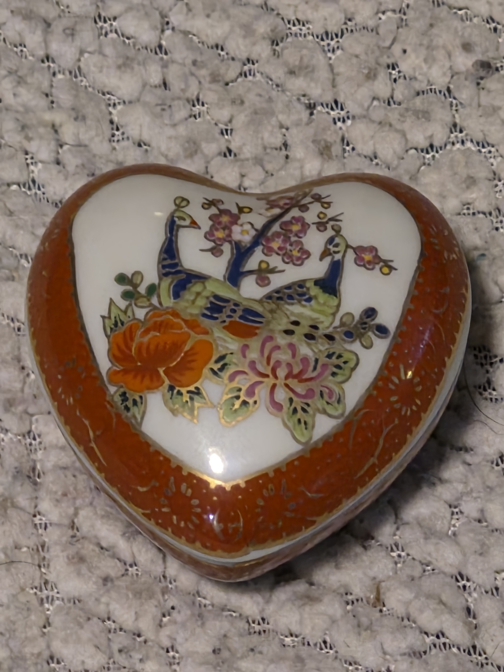 Vintage Kutani Style Heart Peacock Trinket Box